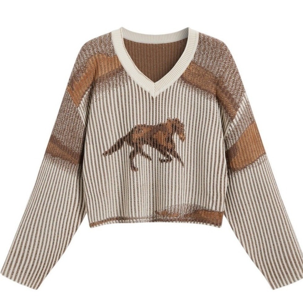 Cider Womens M Brown Horse Print Cropped V-Neck Knit Sweater Preppy Equestrian